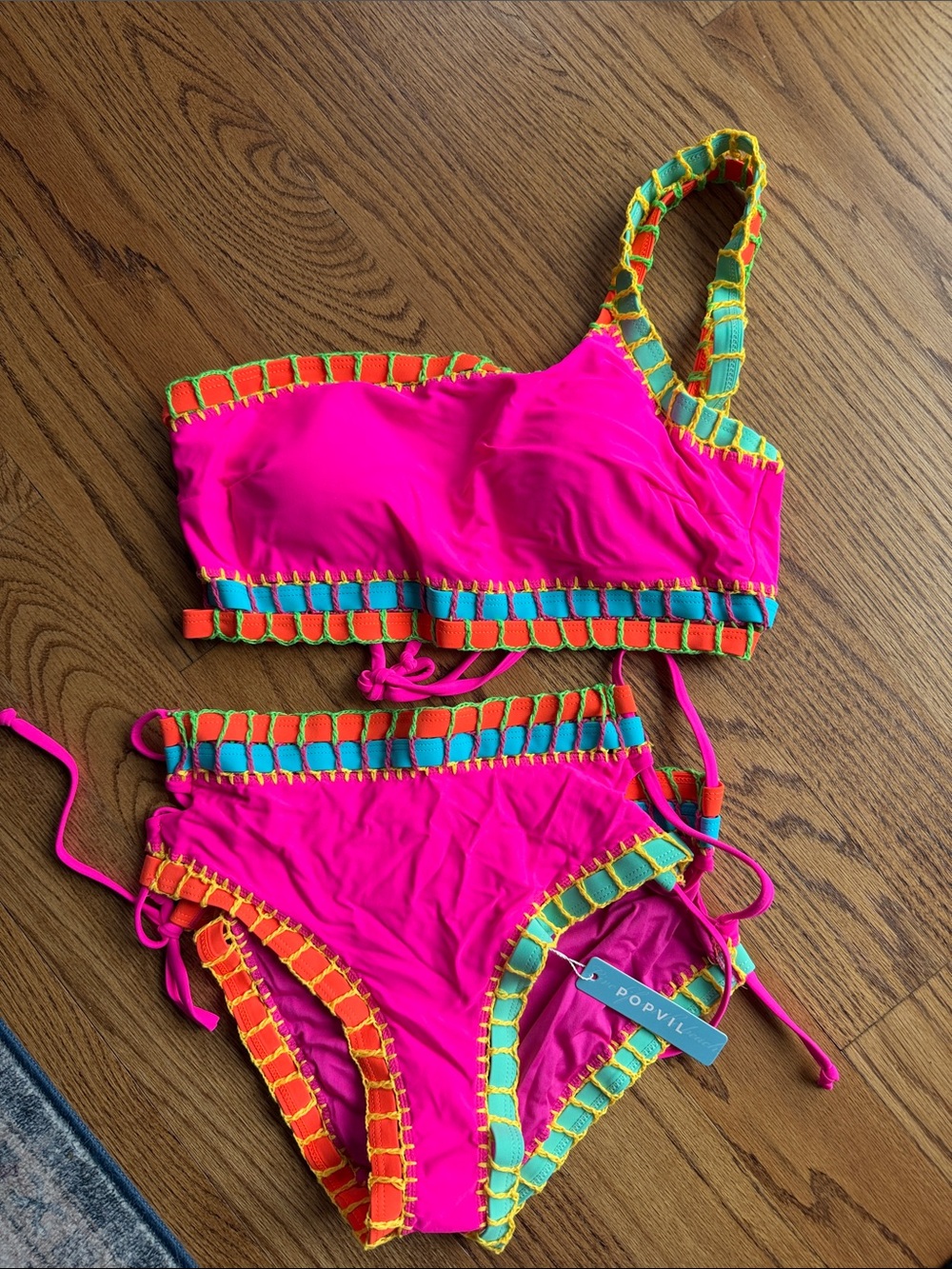 One-Shoulder Neon Pink Crochet-Trim Bikini Set - Picture 4 of 5